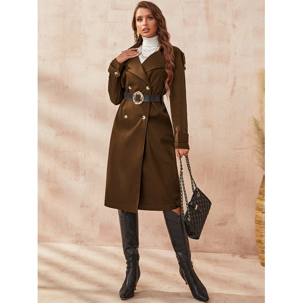 Elegant Double Breasted Trench Coat Without Belt Coffee Brown XL(12)
