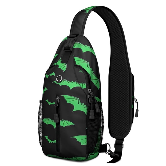 Sling Backpack,Black Halloween Bats with Green Crossbody Bag with Water Bottle Holder,Waterproof Sling Bag for Men/Women with Chest Phone Holder for Hiking,Travel