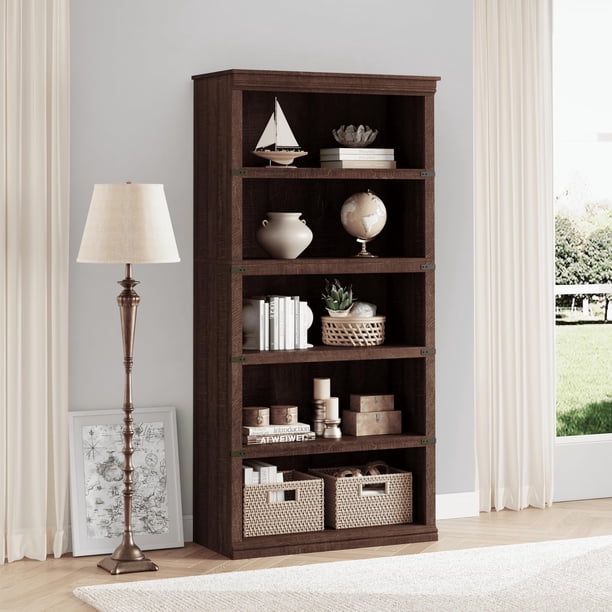 QinaQin Librero alto estilo farmhouse, con repisas abiertas y acabado madera rústica, ideal para exhibir libros, decoración y organizar sala u oficina