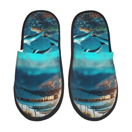

Qekee Hawaiian Ship Dolphin print Slippers for Women and Men Fluffy Cute Cozy House Slipper Funny Furry Bedroom Slippers for Women Indoor -Large
