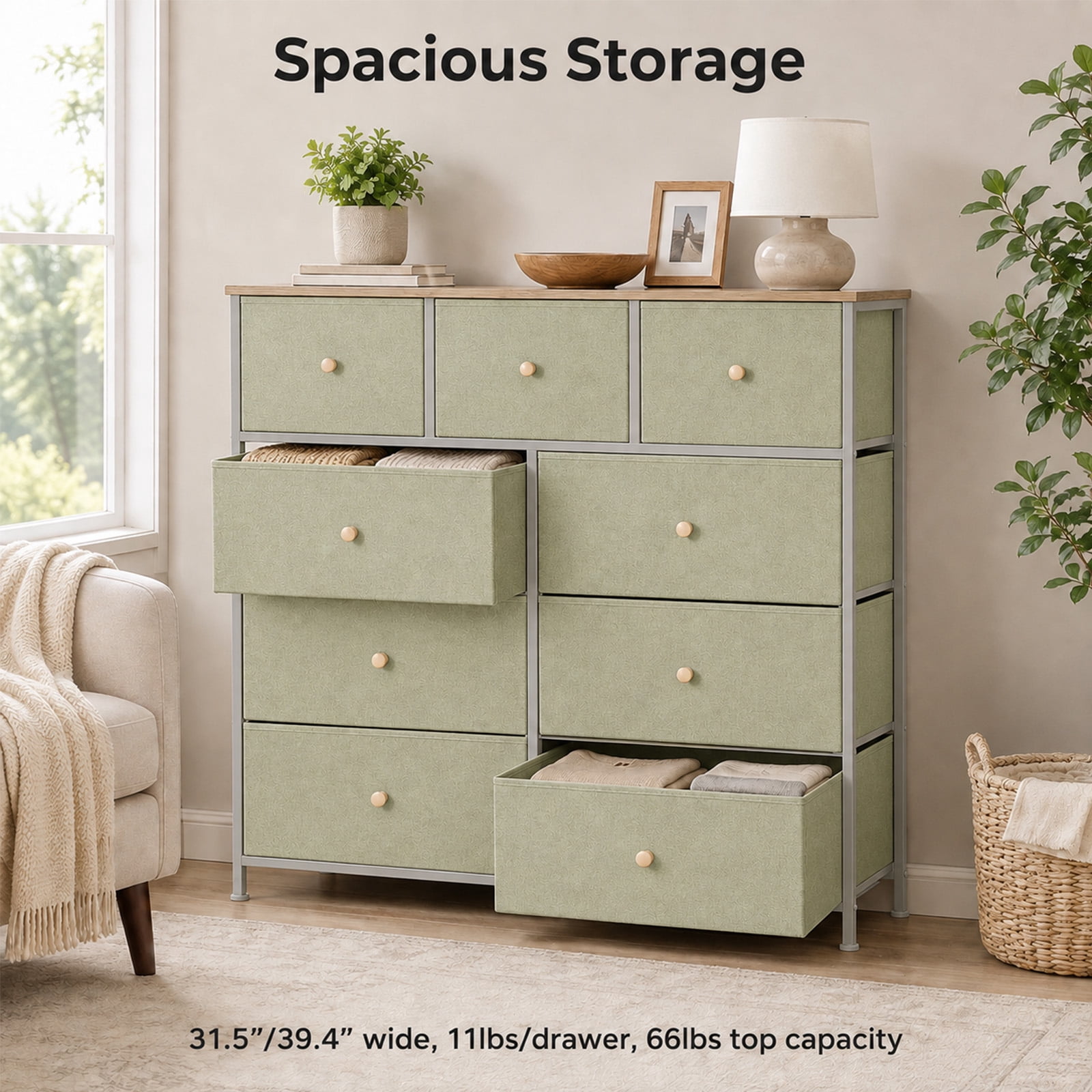 Alvantor 8/9 Drawer Fabric Dresser, Storage Tower for Bedroom and Closet, Chest of Drawers with Sturdy Steel Frame & Wooden Top for Living Room, Entryway