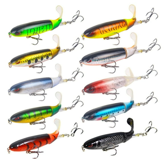 10 Pcs Whopper Fishing Lure, for Bass Popper Top Water Fishing Lures, with Floating Rotating Tail Barb Treble Hooks, in Saltwater Freshwater Plopping Lures Kit, Attend a Party as a Gift