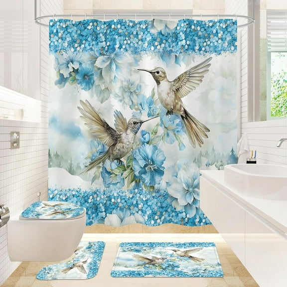 4 Pcs HummingBird Floral Shower Curtain Set with Toilet Lid Cover and Rugs, Pink Glitter Bling Bathroom Decor Set with Shower Curtain and Rugs and Accessories
