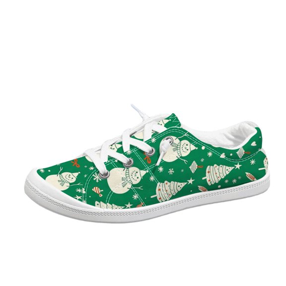 EKVAHL Christmas Lace Up Sneakers For Women, Seasonal Printed Canvas Shoes, Flat Daily Holiday Walking Shoes Great For City Strolls Green