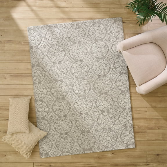 Better Homes & Gardens Suzani Taupe Medallion Wool Indoor Area Rug, 5' x 7'