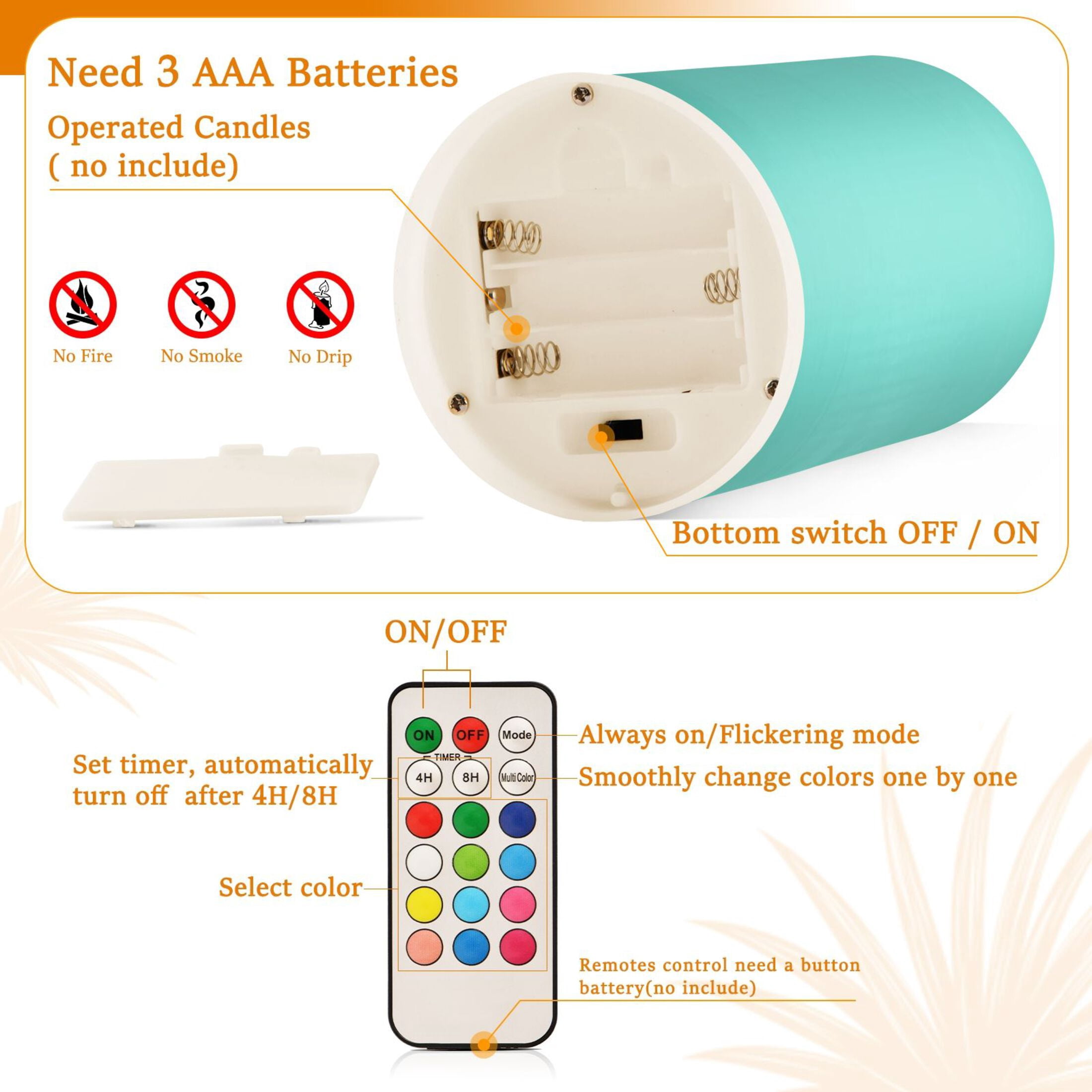 Turquiose Teal Flickering Flameless Candles Battery Operated with Remote Timer LED Pillar Candles Set of 2