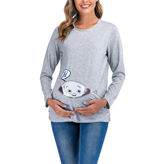 FAMTKT Maternity Shirts, Cotton Round Neck Long Sleeve Solid Color Maternity Baby Print Clothe Top, Plus Size Tops for Women