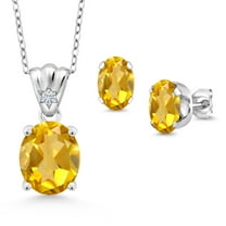 925 Sterling Silver Yellow Citrine and White Lab Grown Diamond Pendant and Earrings Jewelry Set for Women (5.84 Cttw, Gemstone Birthstone, Oval 11X9MM and 8X6MM with 18 inch Silver Chain)