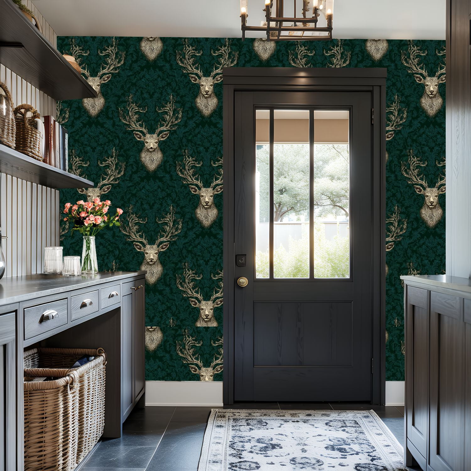 Peel and Stick Wallpaper Baroque Vintage Stag Head Damask Elegant Gold Green Wall Mural 17.7in x 9.8ft Self Adhesive Removable Wall Paper Renter Friendly Wallpaper for Nursery Bedroom Cabinets