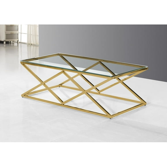 K-Living Castor Coffee Table with Clear Tempered Glass Top & Gold Polished Stainless Steel Base