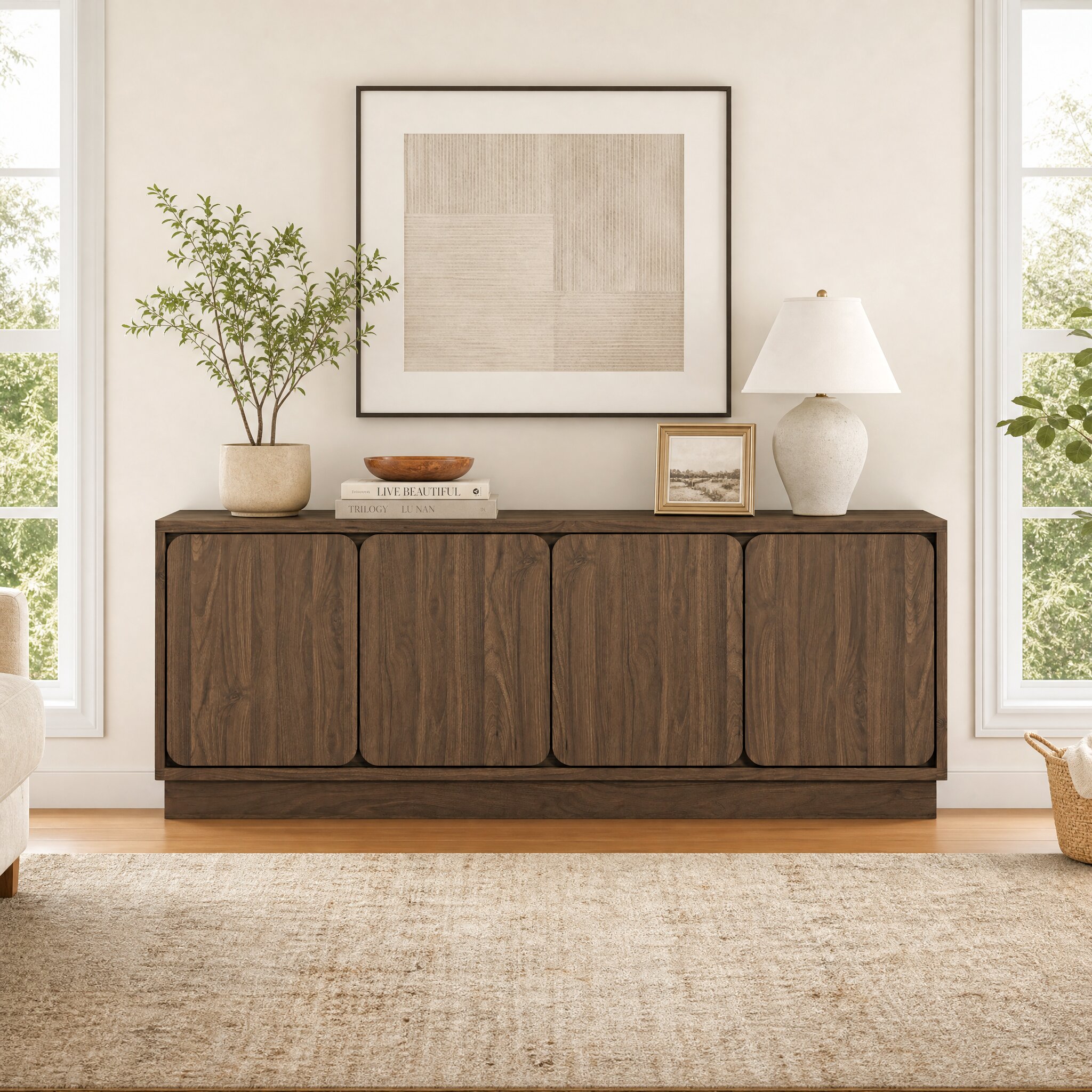 Mintazer 63'' TV Stand with 4 Storage Doors, Low Profile Storage Media Console Table with Cable Holes for Living Room, Kitchen, Bedroom & Entryway, Walnut