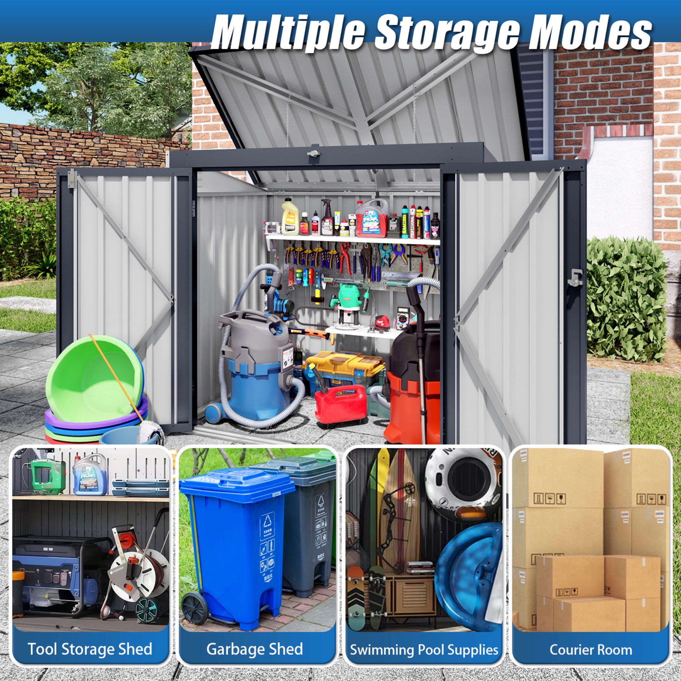 Noble House Outdoor Trash Can Storage Shed for 2 Bins, Metal Garbage Bin Enclosure with Lid, Gray