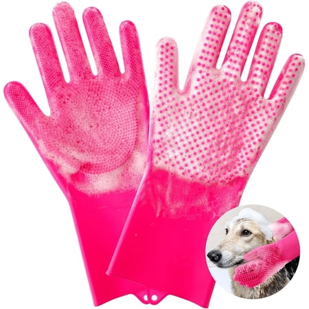 Magic Pet Grooming Gloves Dog Cleaning Gloves Pet Grooming Gloves Dog Washing Gloves with High-Density Teeth Heat Resistant Silicone Hair Remover Bathing and Massaging for Dogs and Cat (Pink L)