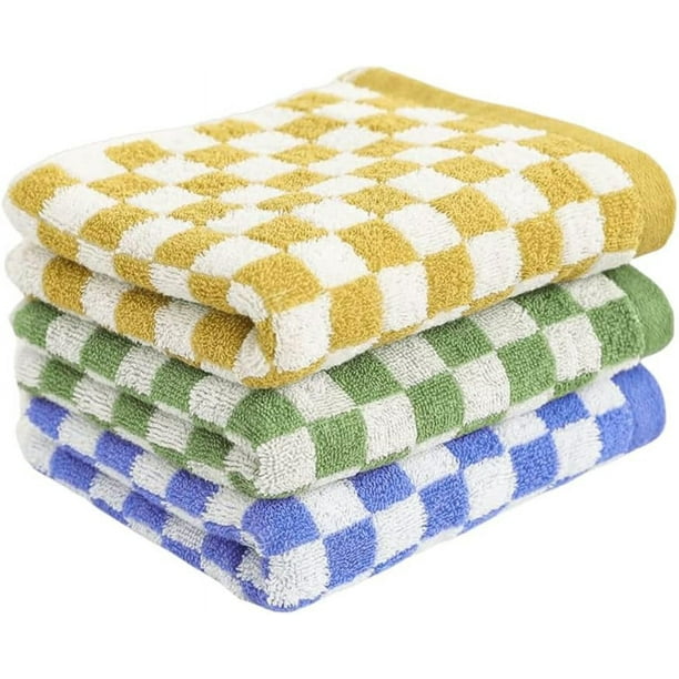 Nvzi Toalla de mano de algodón a cuadros, paquete de 3, 13 x 29 pulgadas, juego de toallas de baño suaves y absorbentes para baño, cocina, gimnasio, piscina, viajes (amarillo, verde y azul)