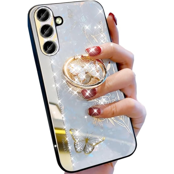 for Samsung Galaxy A16 5G Glitter Kickstand Case, Cute Bling Marble Conch Floral Butterfly with Ring Stand Mirror Elegant Shockproof Protective Cover for Girls Women for Galaxy A16 5G (White)