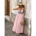 thumbnail image 4 of Pink Womens Backless Geometric Embroidered Maxi Vacation Dress With V-Neck And Waist Band, 4 of 6