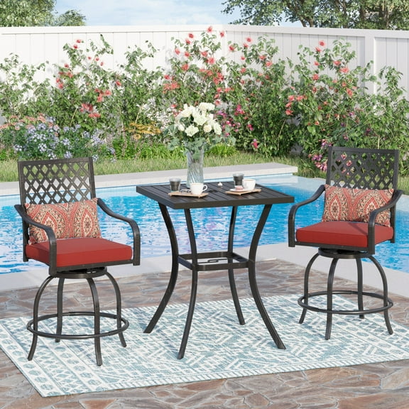 Sophia & William 3 Piece Outdoor Patio Swivel Bar Stools Set & Height Table Backyard Furniture Bistro Set, Red