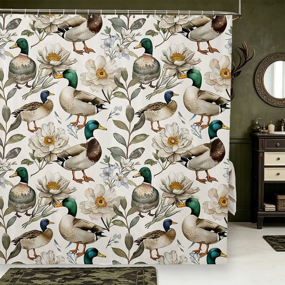 Manfei Rustic Aniaml Mallard Shower Curtain 72Wx72L,Vintage Countryside FloralBathroom Curtain