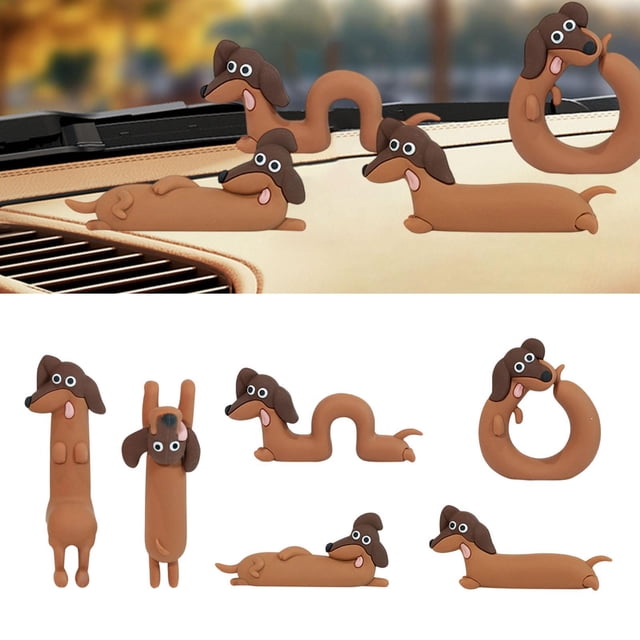 6 figuras de perro salchicha para de ordenador, decoración de resina con dibujos animados divertidos, adorno para coche para estantería.