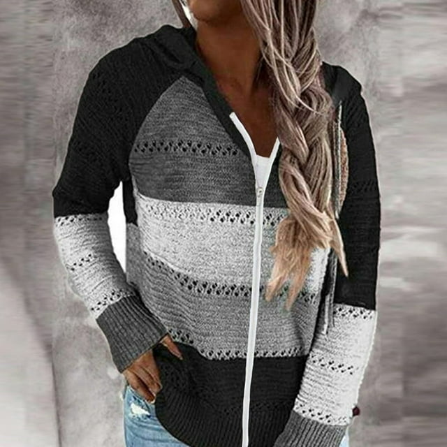 Cardigan Femme Décontracté Patchwork Manches Longues Pull à Capuche Blouse Hauts Vêtements Femme L Noir