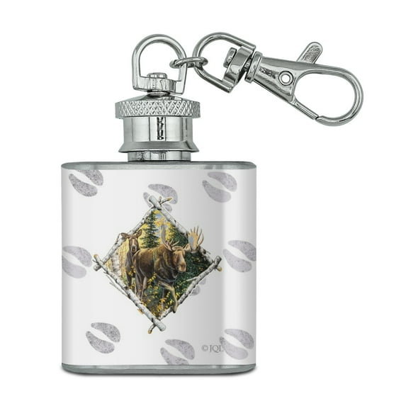 Moose Diamond Stainless Steel 1oz Mini Flask Key Chain