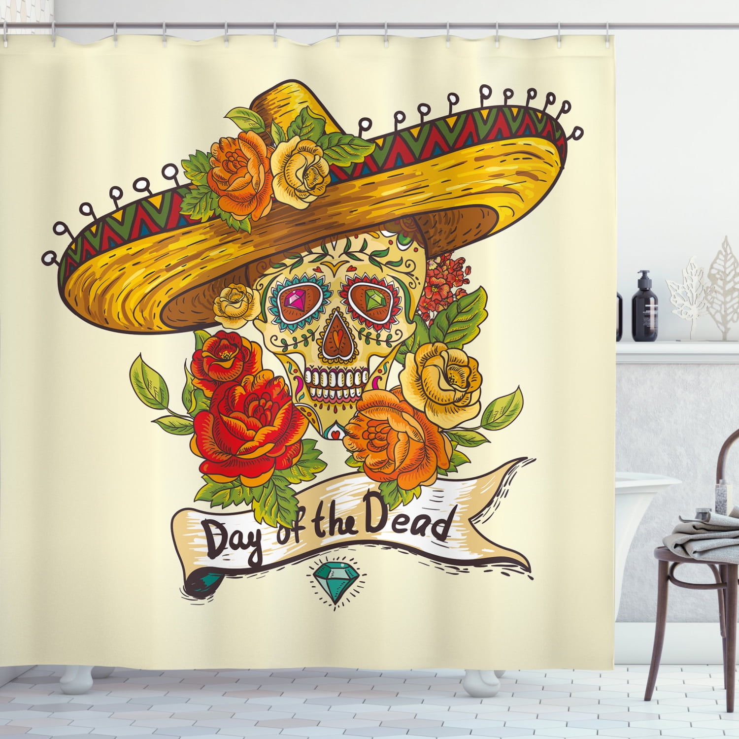 Bathroom Mat Shower Curtain Day of The Dead Floral Skull in Sombrero Waterproof 