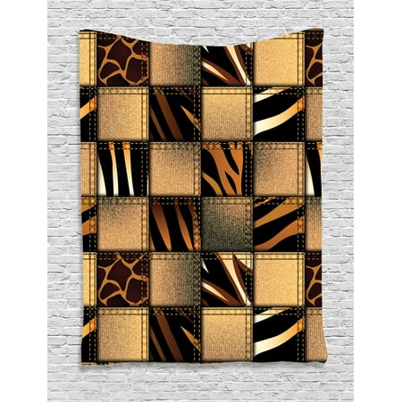 Quilt Wall Hanging - Safari Decor Wall Hanging Tapestry, Jeans Denim Patchwork In Safari Style Animal Print Stylish Fashionable Design Art, Bedroom Living Room Dorm Accessories, By Ambesonne