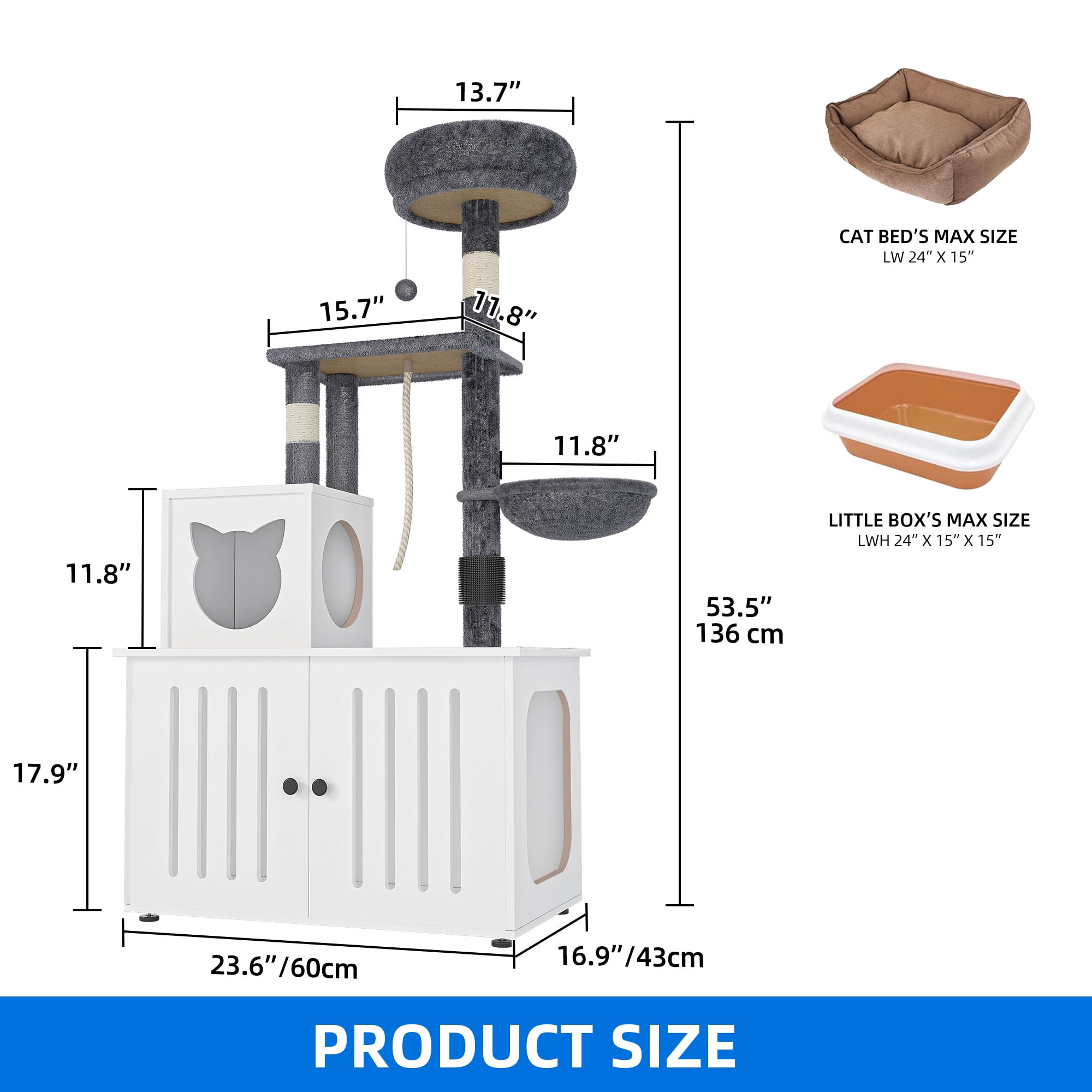 Dextrus 2-in-1 Cat Tree with Litter Box Enclosure,53.5" Large Modern Cat Condo with Scratching Posts, Perch, Food Station, Hammocks, Scratch Post, White