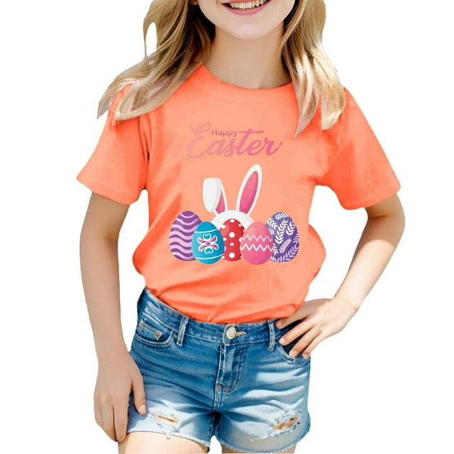 MIASHUI T-Shirt à Manches Courtes pour Enfants Joyeuses Pâques Imprimé Œuf Bunny, Orange, 4-5 Ans