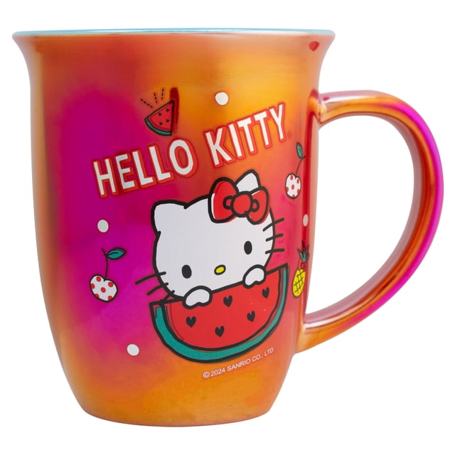 Tarro de Cerámica Iridiscente Bitono, Hello Kitty Frutal, Sanrio, Taza Bebidas Calientes, Capacidad 470 ml, Rojo