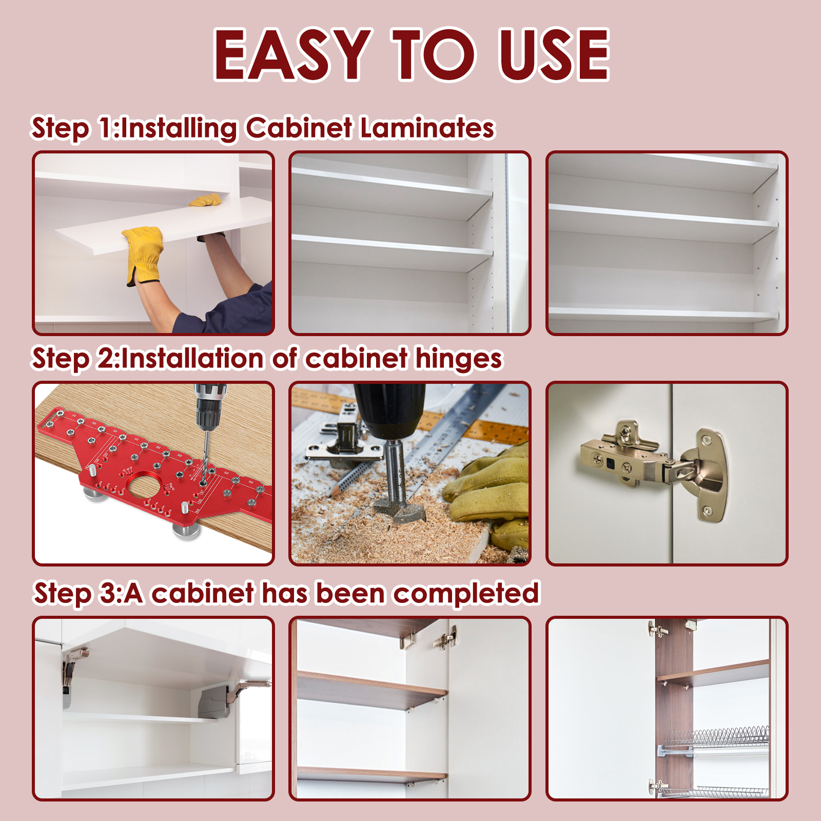 Shelf Pin Jig and Hinge Jig 2 in 1 Aluminum Alloy Cabinet Concealed Hinge Drilling Guide with 1/4 inch 5mm Drill Bits for Cabinet Door Woodworking
