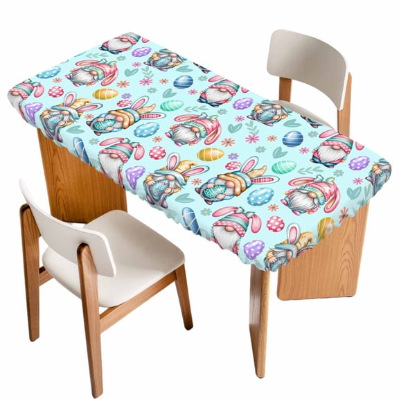 Easter Gnomes Eggs Table Cloths for 6 Foot Rectangle Tables, Bunny Ears Spring Flowers Country Blue Patio Waterproof Elastic Fitted Tablecloths, Washable Rectangular Table Cover for Camping