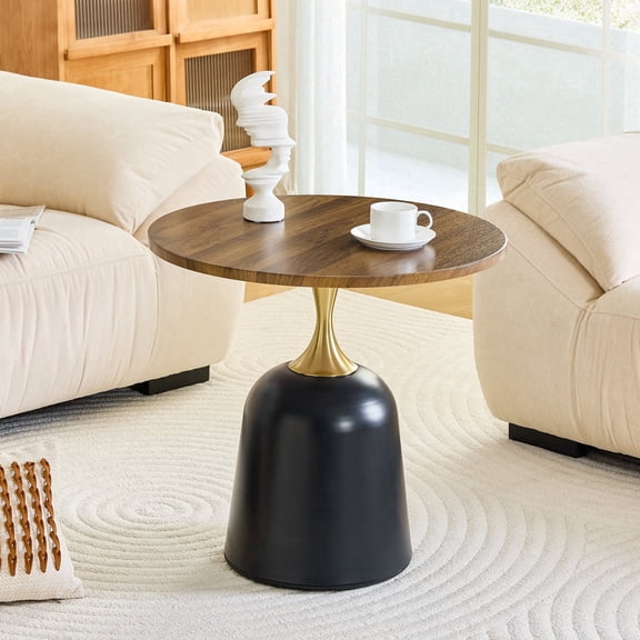 Hi loPres 23.6" Modern Round Side Table with Walnut Top, Nordic Accent End Table with Weighted Black & Gold Metal Base for Living Room, Office