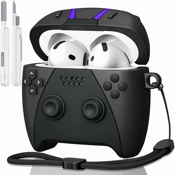 mjw001 for AirPods 4 Case Cover with Cleaner Kit, Cute Funny 3D Game Controller Design Silicone Protective Case with Lanyard for AirPods 4th Generation 2024 (Black)