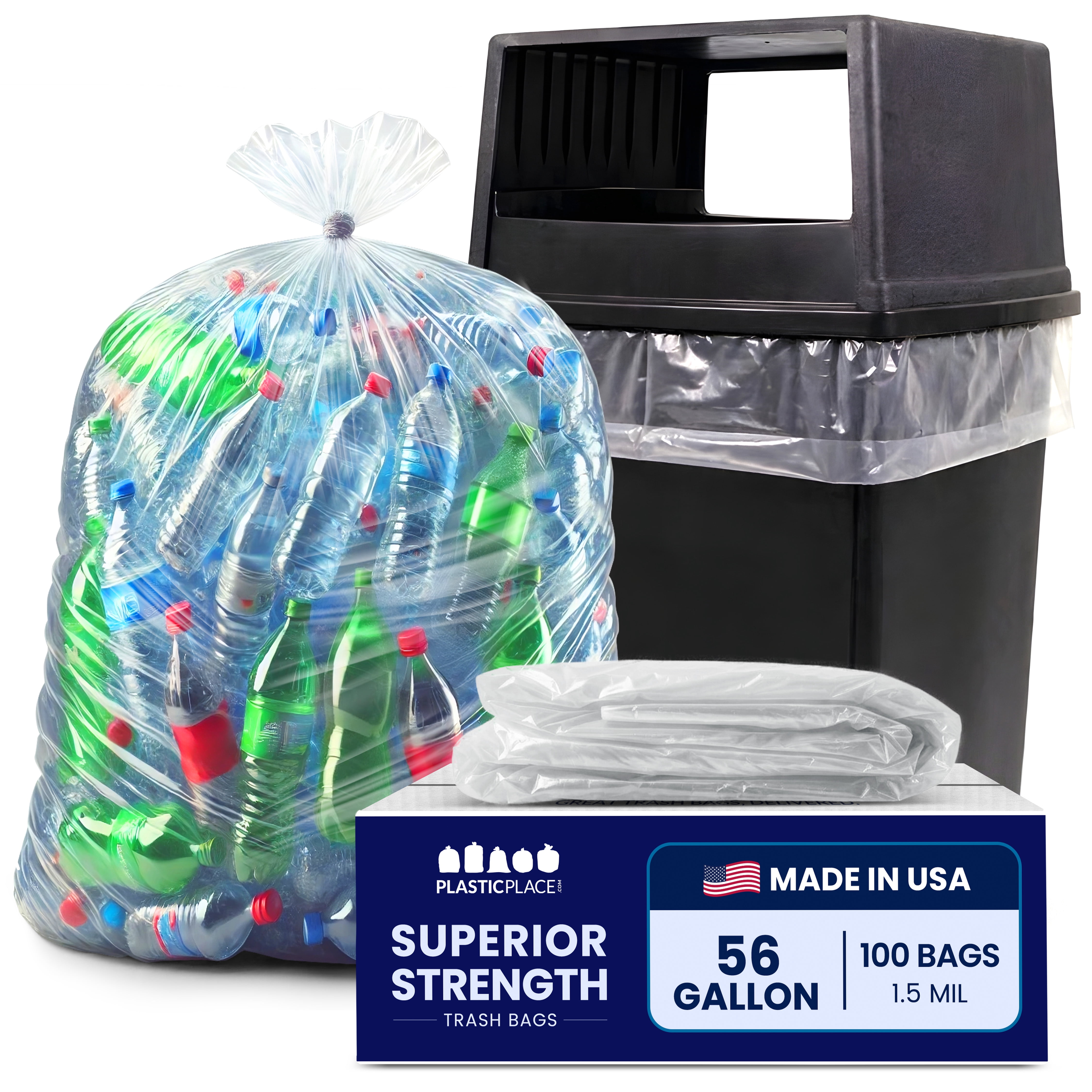 Plasticplace 56 Gallon Clear Trash Bags, Heavy-Duty Garbage Can Liners, Tear & Leak-Resistant, Large Low-Density Trash Bags Commercial Residential Use, Fits Glutton Trash Cans (100 Count) 1.5 Mil