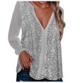 thumbnail image 1 of Womens Sexy V-neck Collar Sequin Color Long Sleeve Fold Navel Casual Blouse Tops, 1 of 4