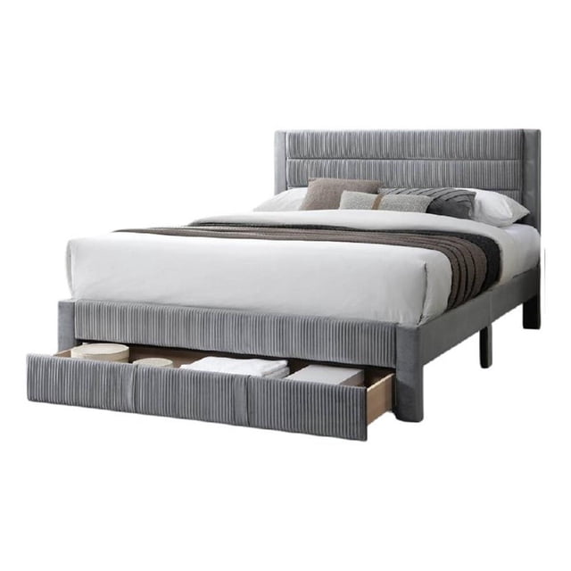 Heo Lit Grand Format avec Tiroir de Rangement - Revêtement en Velours Côtelé Gris Pâle