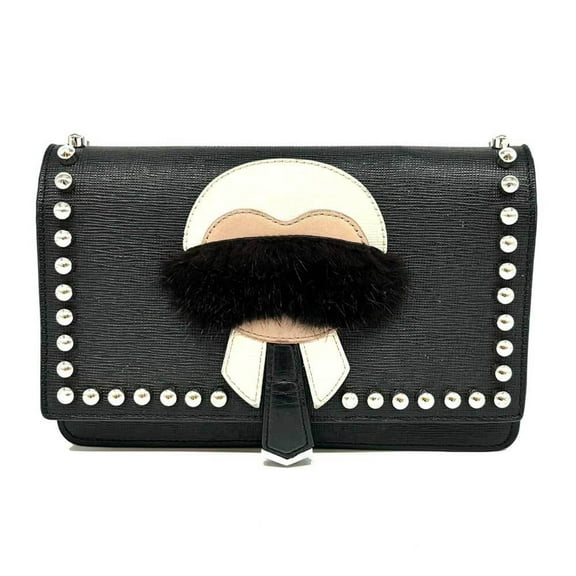 Pre-Owned FENDI Carlito Chain Wallet Black Leather 8M0346 (Good)