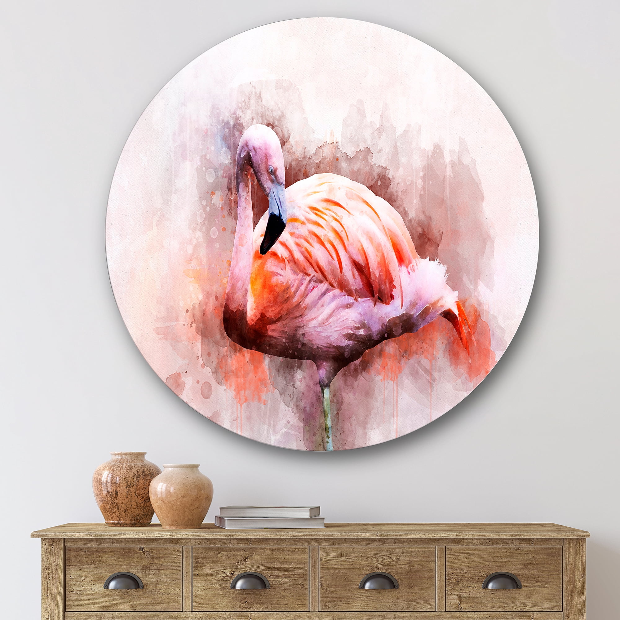 Designart 'Abstract Portrait of Pink Flamingo III' Farmhouse Circle Metal Wall Art 29x29 - Disc of 29