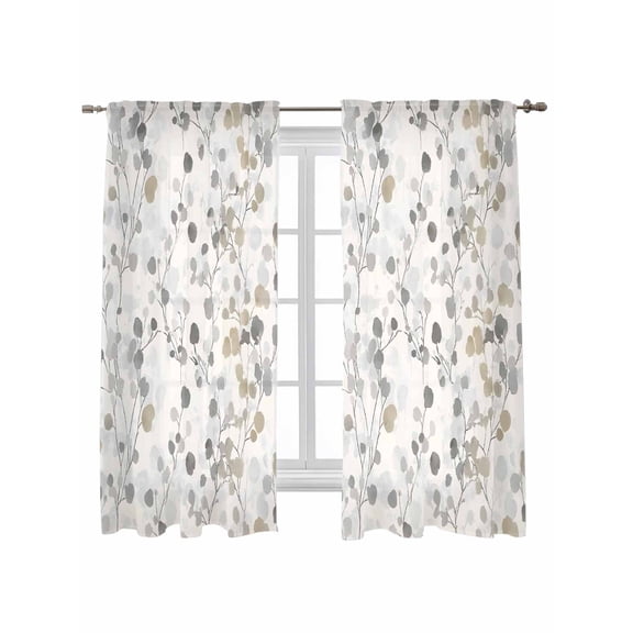 Gray Botanical Curtains 72 Inch Length, Sheer Curtains for Bedroom Living Room Window Farmhouse Spring Summer Floral Leaves Rod Pocket Voile Drapes Kitchen Curtains Small Half Window 52"x72" 2 Panels