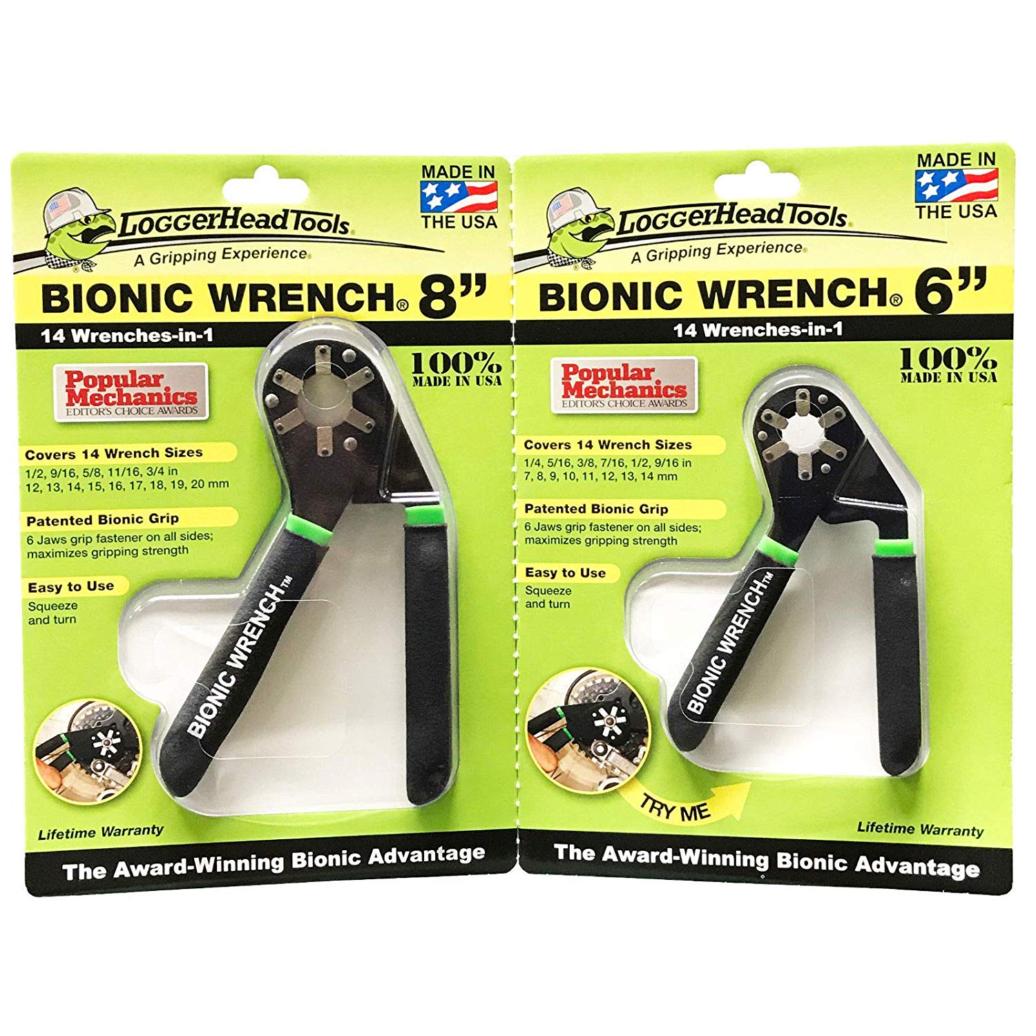 LoggerHead Tools 2PCS 14in1 BIONIC ADJUSTABLE WRENCH SET 6" & 8" US