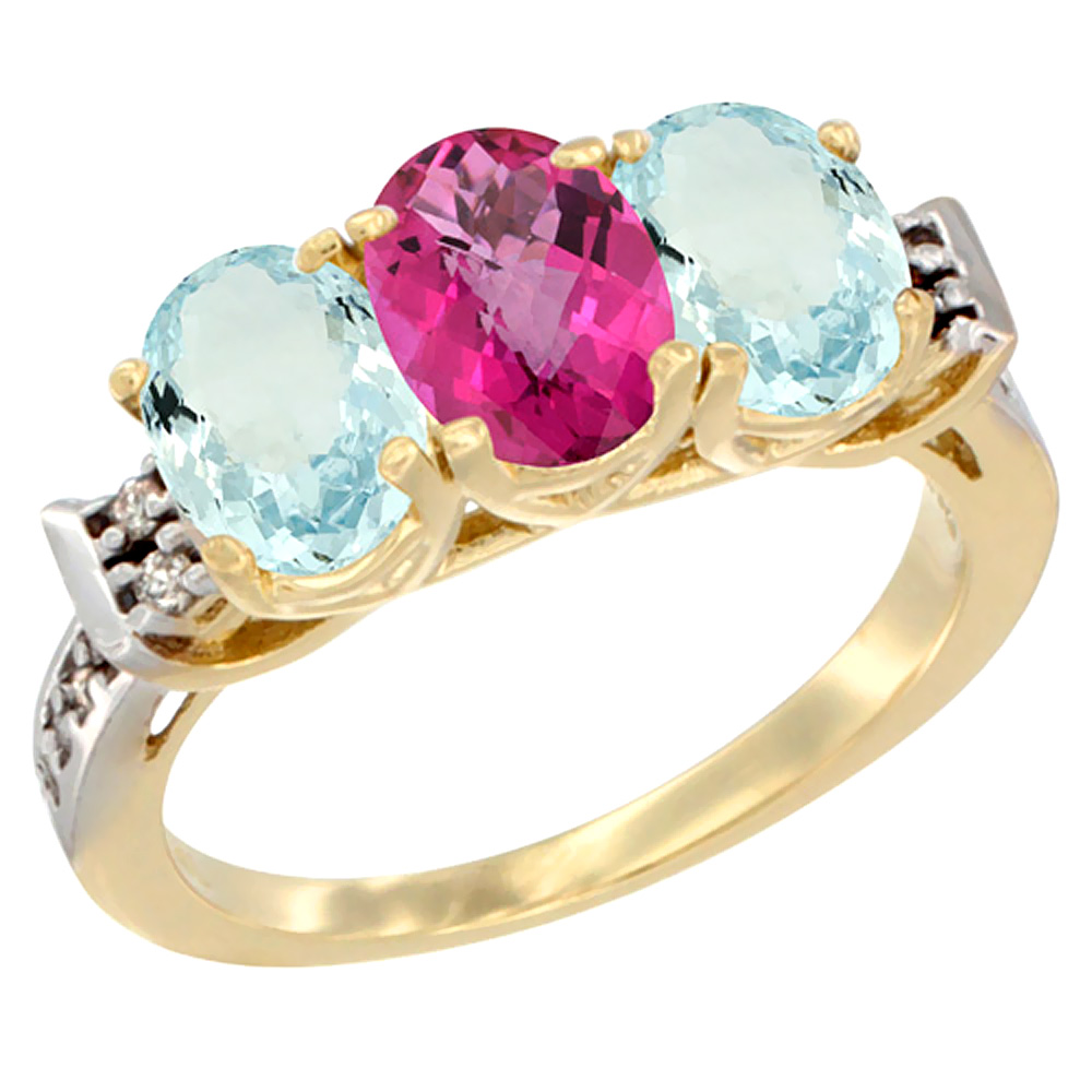 14K Yellow Gold Natural Pink Topaz & Aquamarine Sides Ring 3-Stone Oval 7x5 mm Diamond Accent, sizes 5 10 by WorldJewels