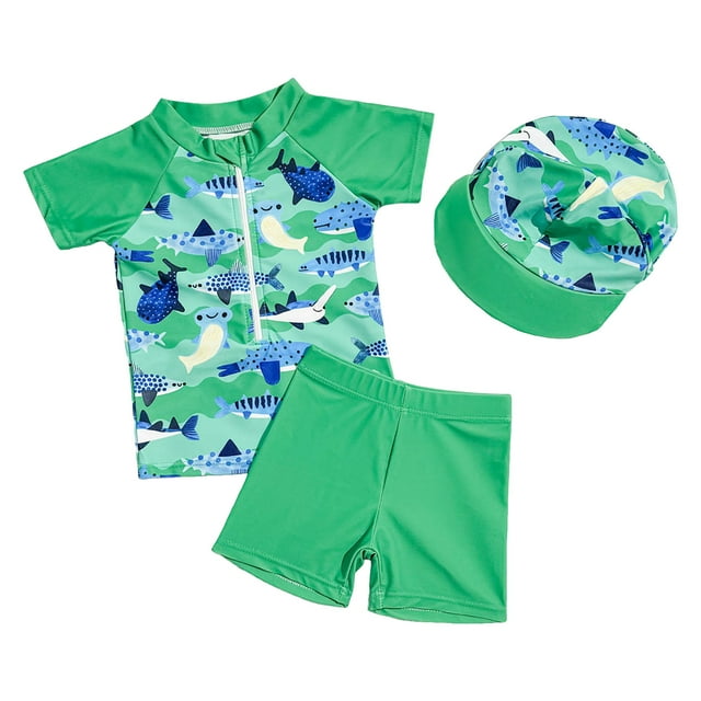 yocbz Boys' Swimsuit Set Including Swimming Trunks Top And Hat; Comfortable Breathable And Stylish With Cartoon Print. Green,12-18 Months