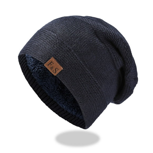 Pavied Beanie Skull Cap Womens Knitted Hat Mens Outdoor Windproof And Cold Warm Hat Plus Fleece Ear Protector Pile Cap Winter Hats Hats for Men Navy M