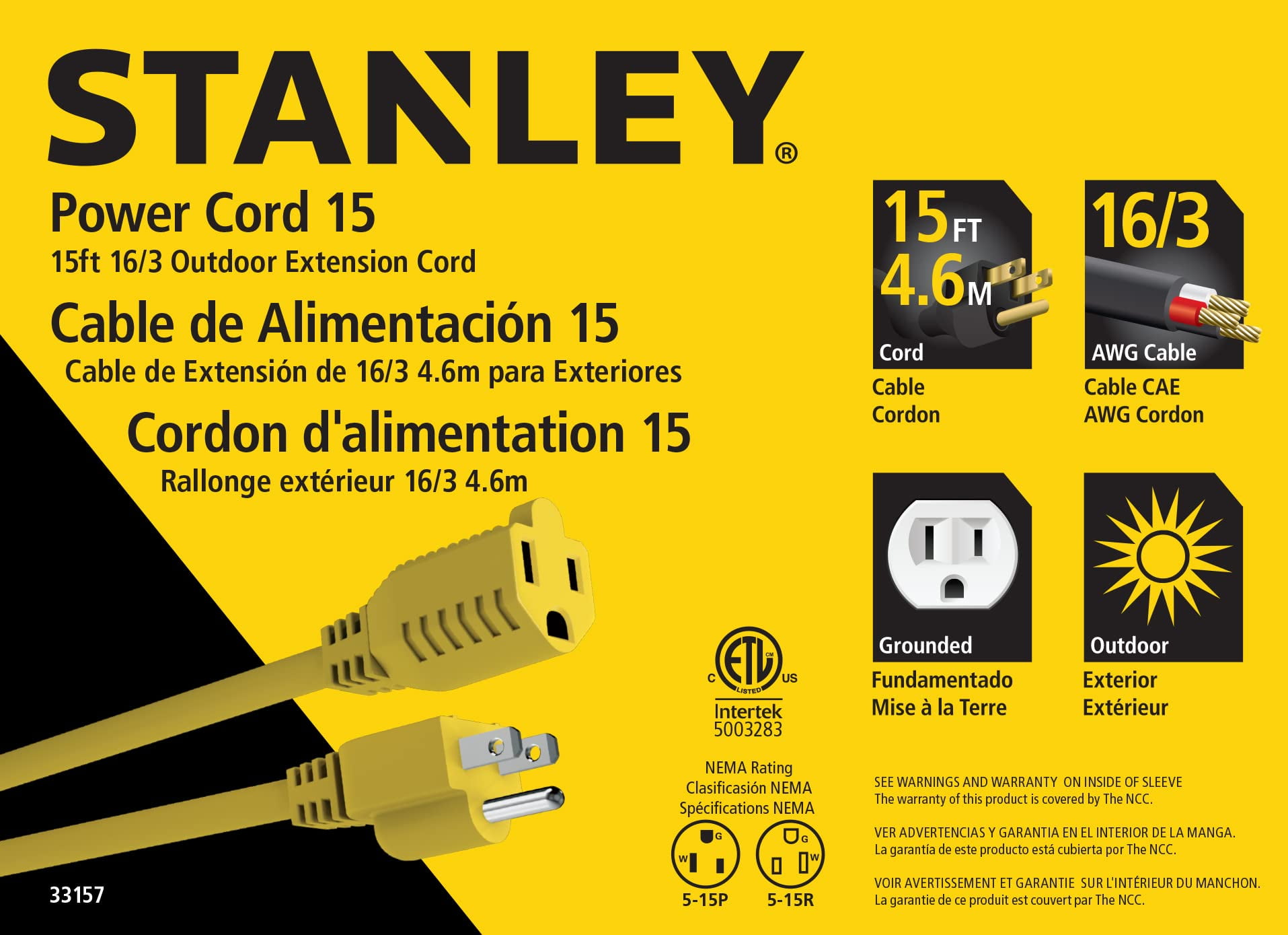 Cordon d'alimentation Stanley de 4,6 m (15 pi 13/3 po) pour l'extérieur
