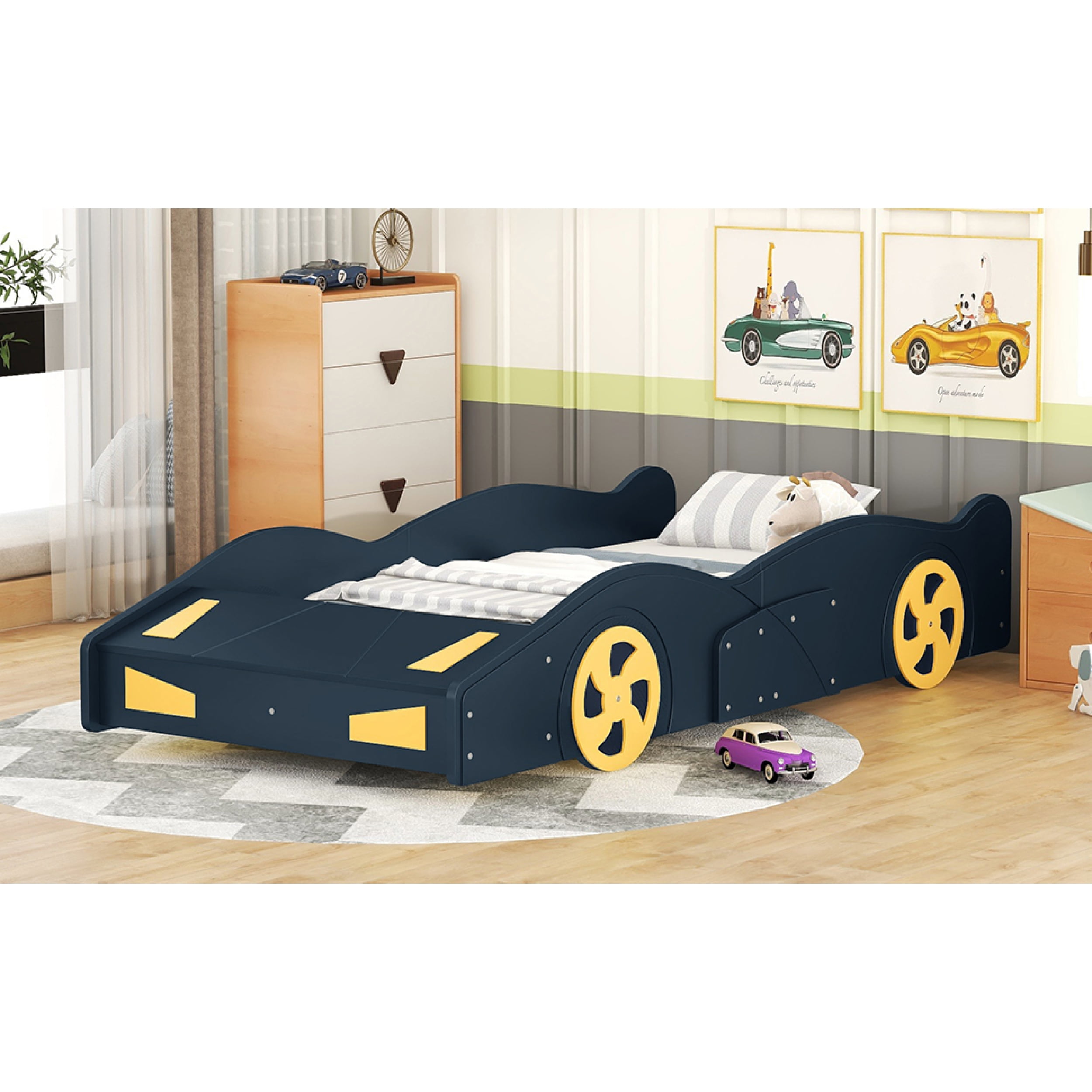 Twin Size Race Car-Shaped Platform Bed with Wheels and Storage, Dark Blue&Yellow 59AAC