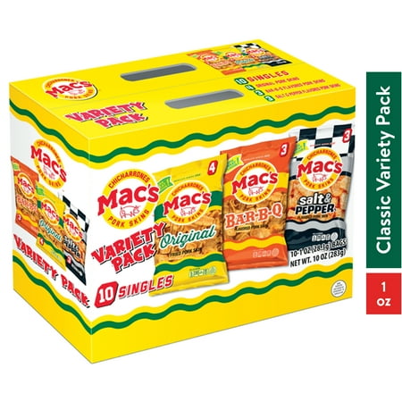 Mac's Chicharrones Variety Pack Crispy Fried Pork Skins, 1 oz , 10 Ct, Original, BBQ, Salt & Pepper