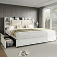 thumbnail image 5 of Amerlife King Size Bed Frame with Drawers,Upholstered Bookcase Headboard and Charging Station,White, 5 of 8