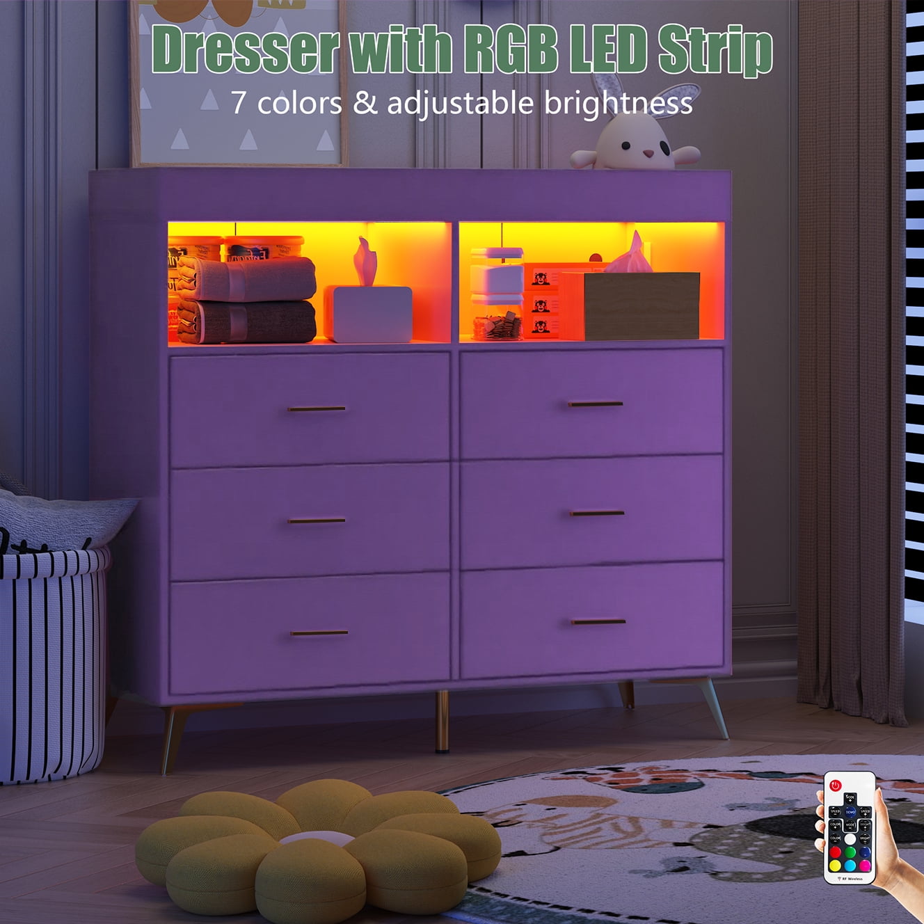 Baby Changing Table Dresser with 6 Drawers, Baby Nursery Dresser, LED Lights & Charging Station – Multifunctional Nursery Dresser with Removable Changing Top, Anti-Tip Design