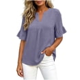 thumbnail image 4 of Edvintorg Summer Shirts for Women Cotton Linen V Neck Short Ruffle Sleeve Loose Casual Tops Womens Blouses Women Clothing Purple S, 4 of 9